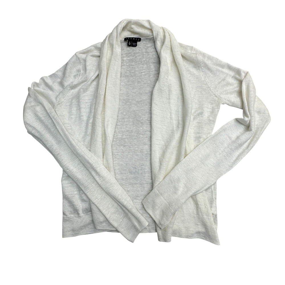 Theory Cardigan Sweater Womens Petite White Marianne Sag Harbor Open Front Knit